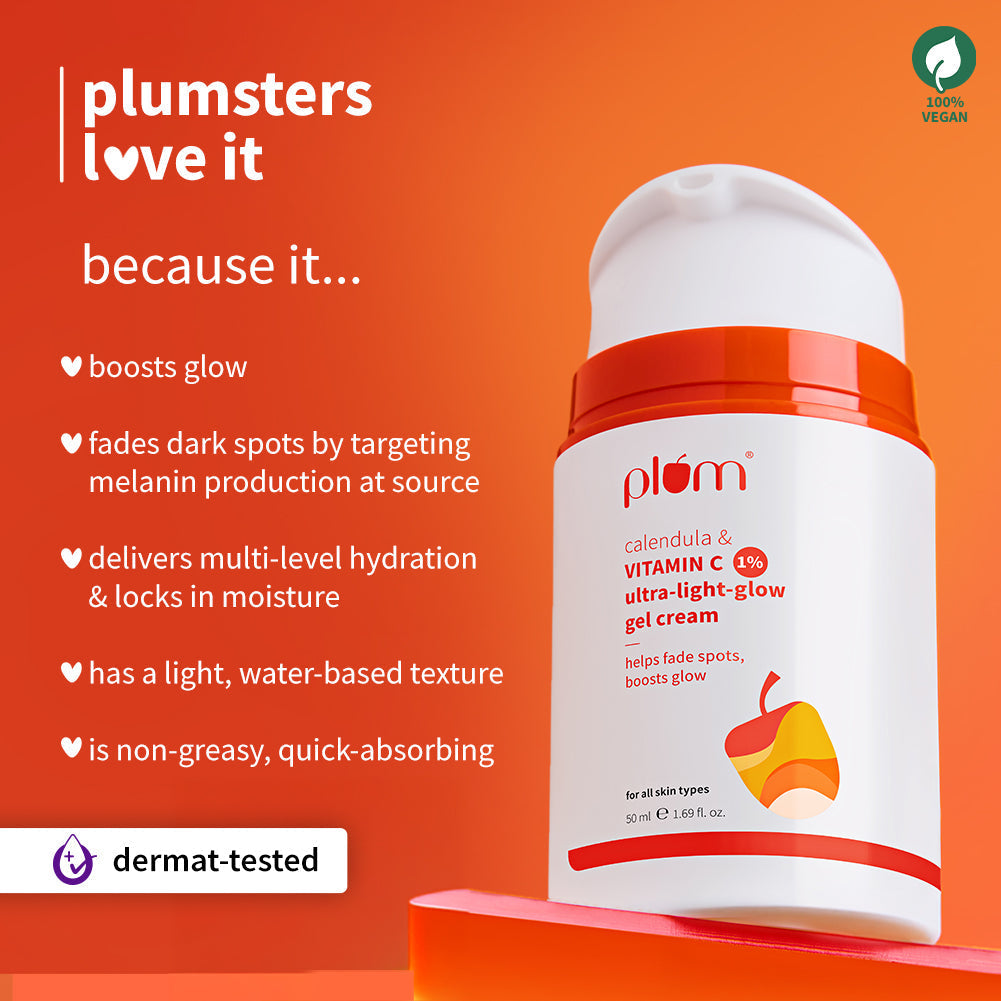 Plum 1% Vitamin C Ultra-Light-Glow Boosting Gel Cream with Alpha Arbutin | Boosts Glow | Fades Dark Spots & Pigmentation | Deeply Hydrates, 50g