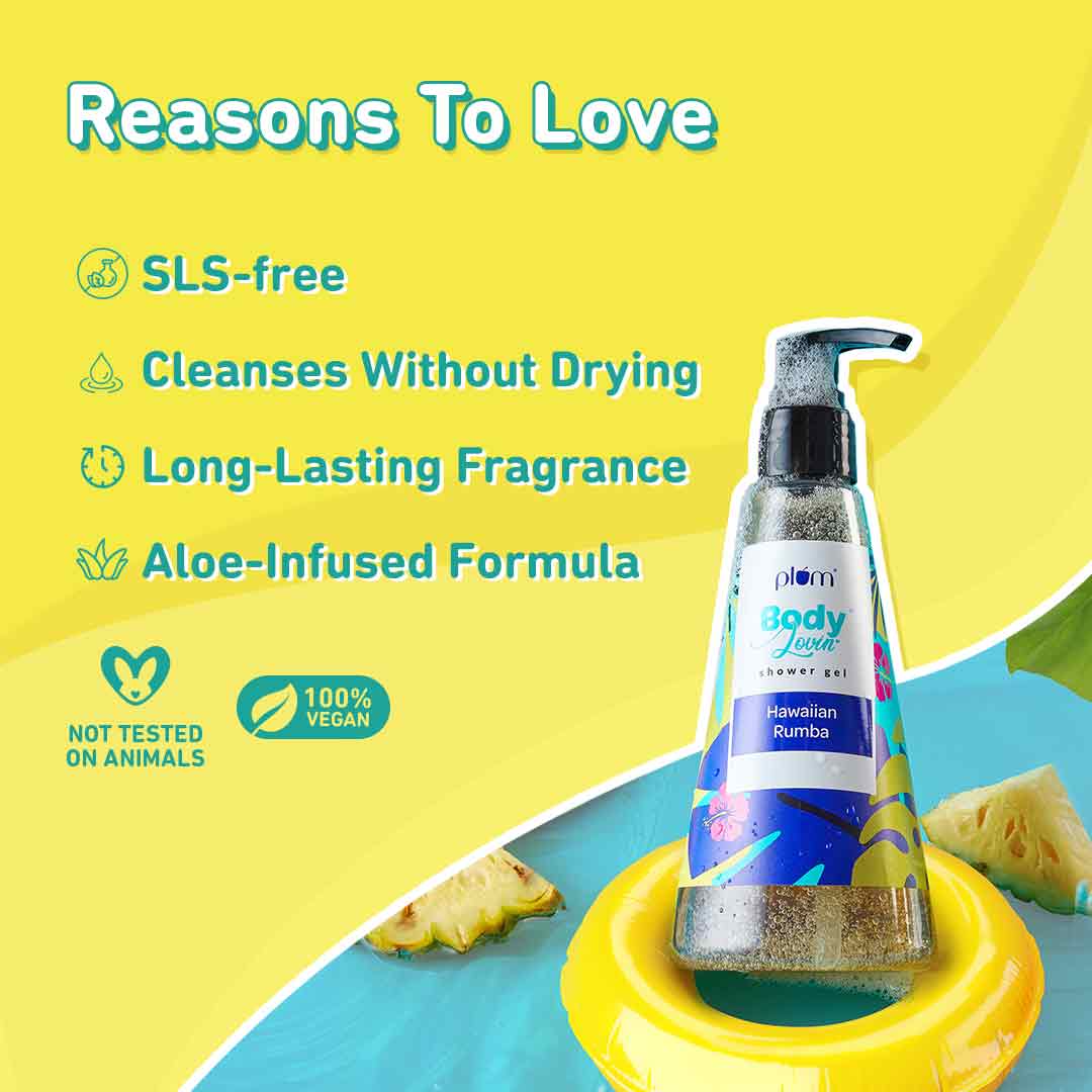 Plum Hawaiian Rumba Shower Gel by Plum BodyLovin' | SLS-Free | Hydrating Formula | Fresh Beachy Fragrance | Aloe-Infused Body Wash, 240ml
