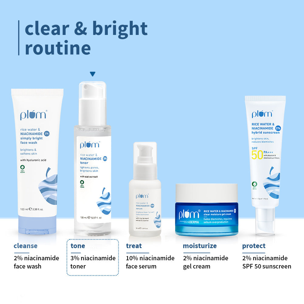 Plum 3% Niacinamide & Rice Water Toner for Bright Skin | Reduces Pores In 3 Days | Alcohol-Free | Dermat-Tested, 150ml x 2