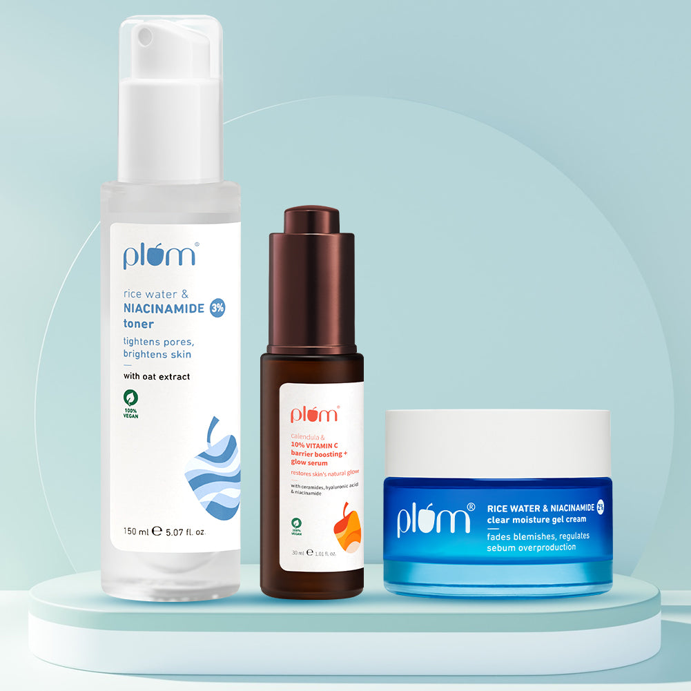 Plum Pore-fect Glow Combo with Niacinamide Toner, 10% vitamin C Serum & Niacinamide Gel Cream | Tightens Pores | Boosts Glow | Strengthens Barrier |Brightens & Hydrates