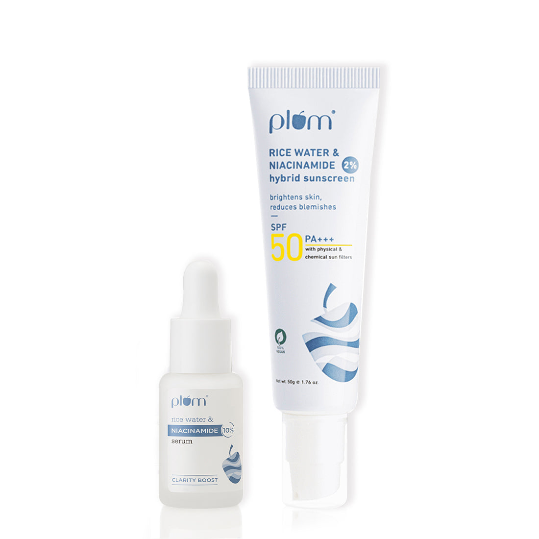 Plum Niacinamide Bright Protection duo | 10% Niacinamide & Rice Water Face Serum 15ml, 2% Niacinamide & Rice Water SPF 50 PA+++ Sunscreen 50g new broad spectrum UVA/UVB Protection | Brightens | Fades Blemishes | Smoothens Skin Texture