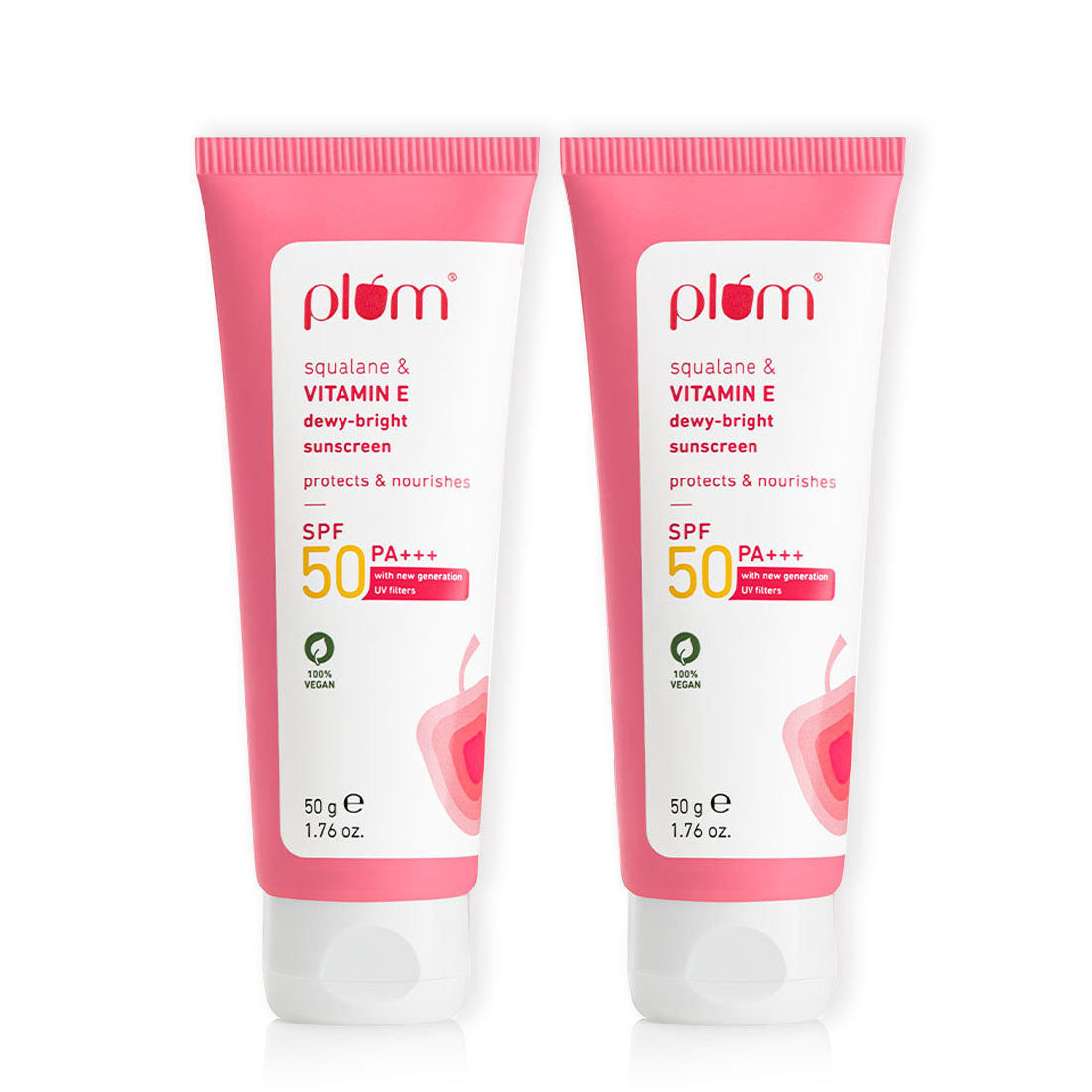 Plum Squalane & Vitamin E SPF 50 PA+++ Dewy-Bright Sunscreen | Safe, New Gen UV Filters | No White Cast, 50g x 2