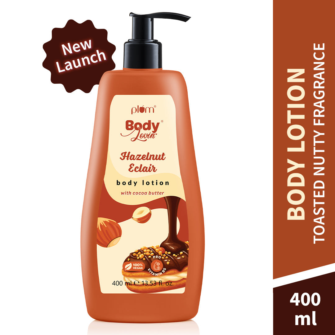 Plum Hazelnut Eclair Body Lotion by Plum BodyLovin' | Deep Moisturization | Cocoa Butter & Vitamin B5 | Decadent Hazelnut Chocolate Fragrance | Non-Greasy & Lightweight, 400ml Buy at Indicrest Image 2