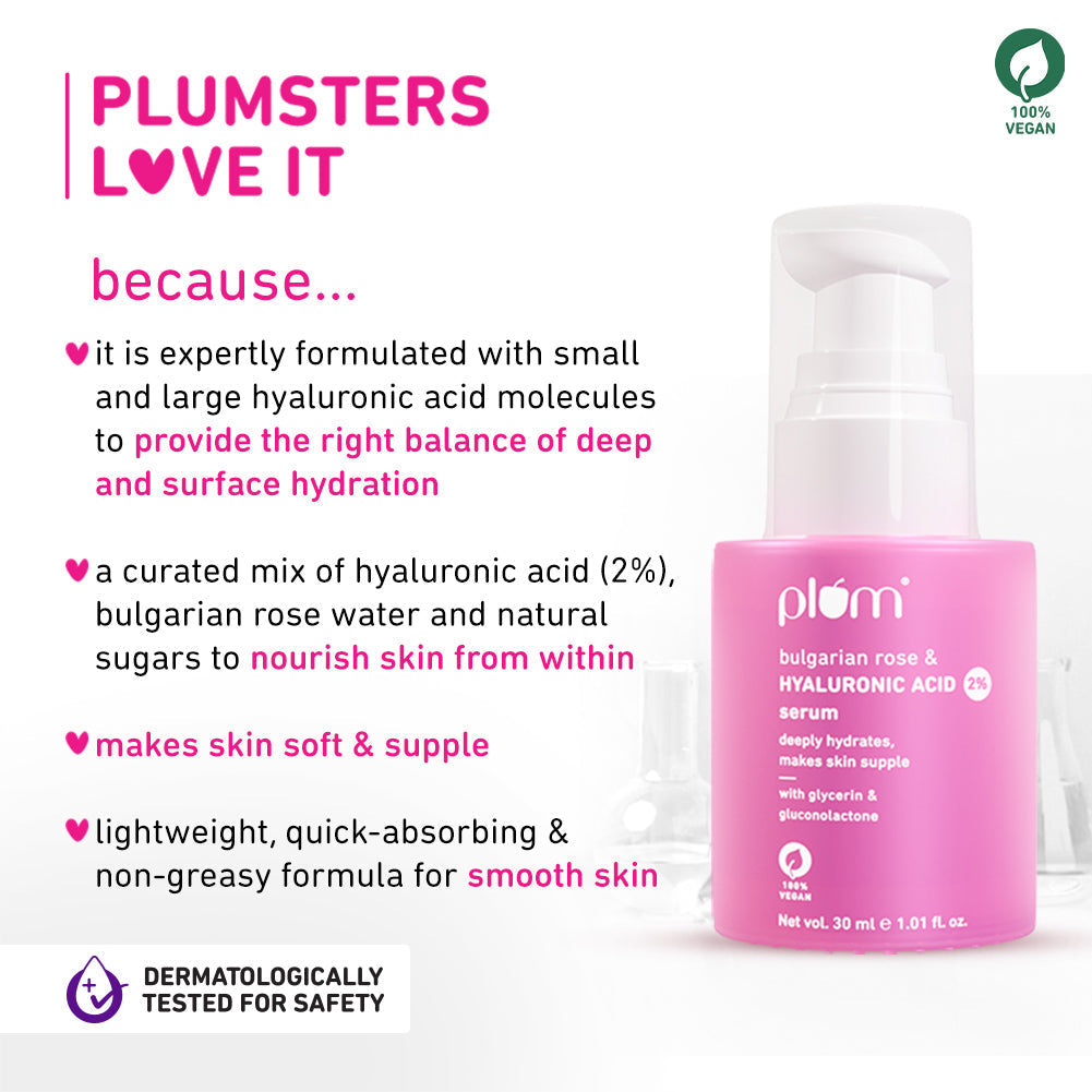 Plum 2% Hyaluronic Acid Serum for Face with Bulgarian Rose | Deeply Hydrates | Calms Inflammation | Plumps-Up Skin, 30ml