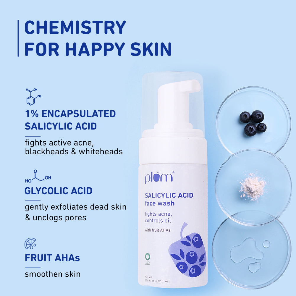 Plum 1% Encapsulated Salicylic Acid Foaming Face Wash for Acne | Fights Acne | Controls Oil | Smoothens Skin, 110ml