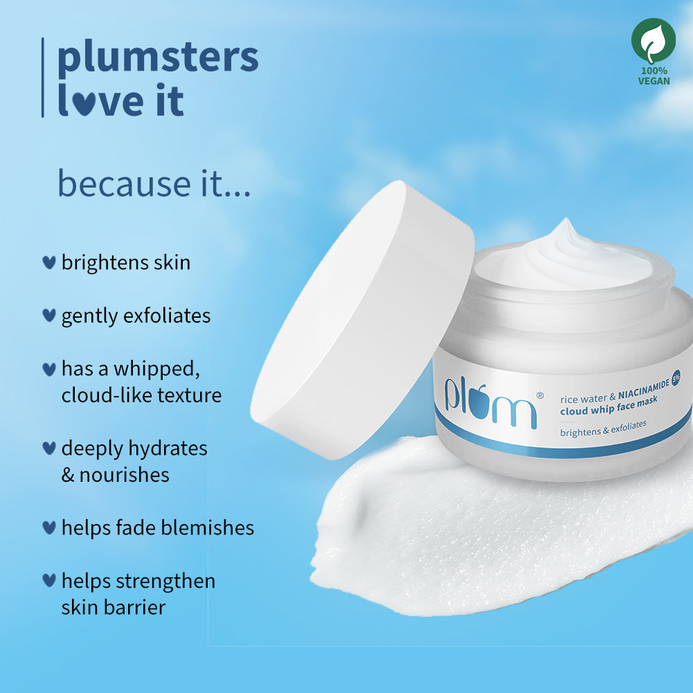 Plum Rice Water & 5% Niacinamide Cloud Whip Face Mask | Brightens | Gently Exfoliates | Hydrates & Nourishes, 50g
