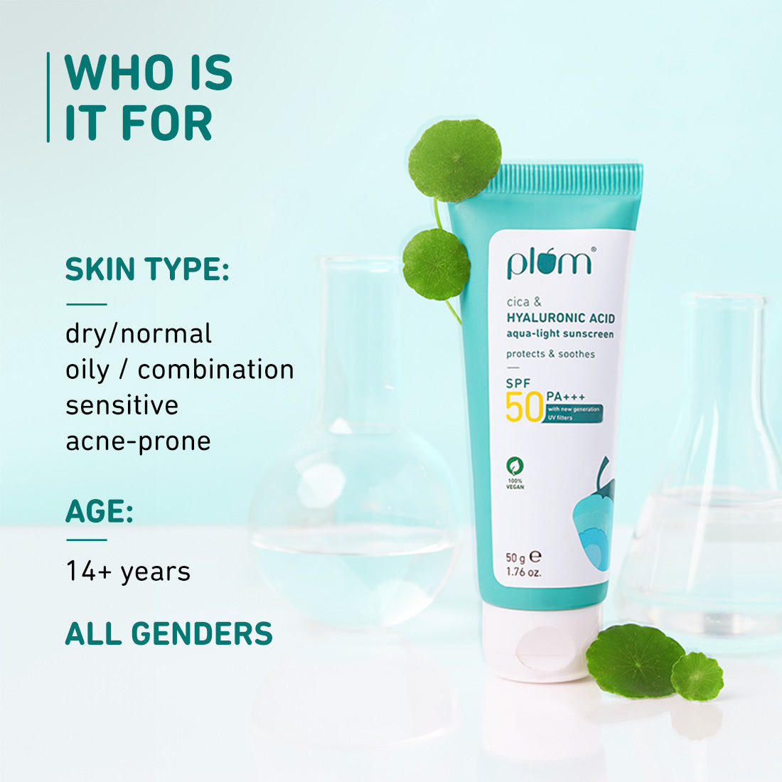 Plum Cica & Hyaluronic Acid SPF 50 Sunscreen | Safe, New Gen UV Filters | Non-Sticky| Non-Oily, 50g