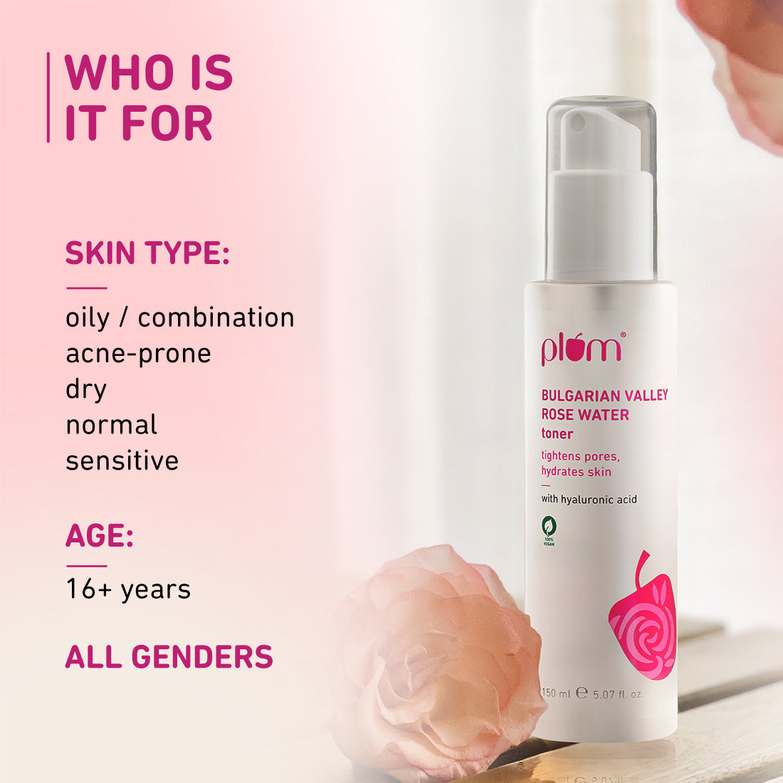 Plum Bulgarian Valley Rose Water Toner for tighter pores | Alcohol-Free Toner | Instantly Hydrates | Soothes & Calms Skin | Tightens Pores | Dermat-Tested, 100ml