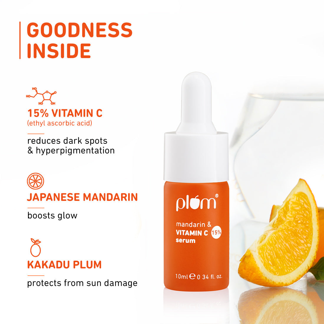 Plum 15% Vitamin C Face Serum with Mandarin (10ml) | Boosts Glow | Fades Dark Spots | Fights Hyperpigmentation, 10ml