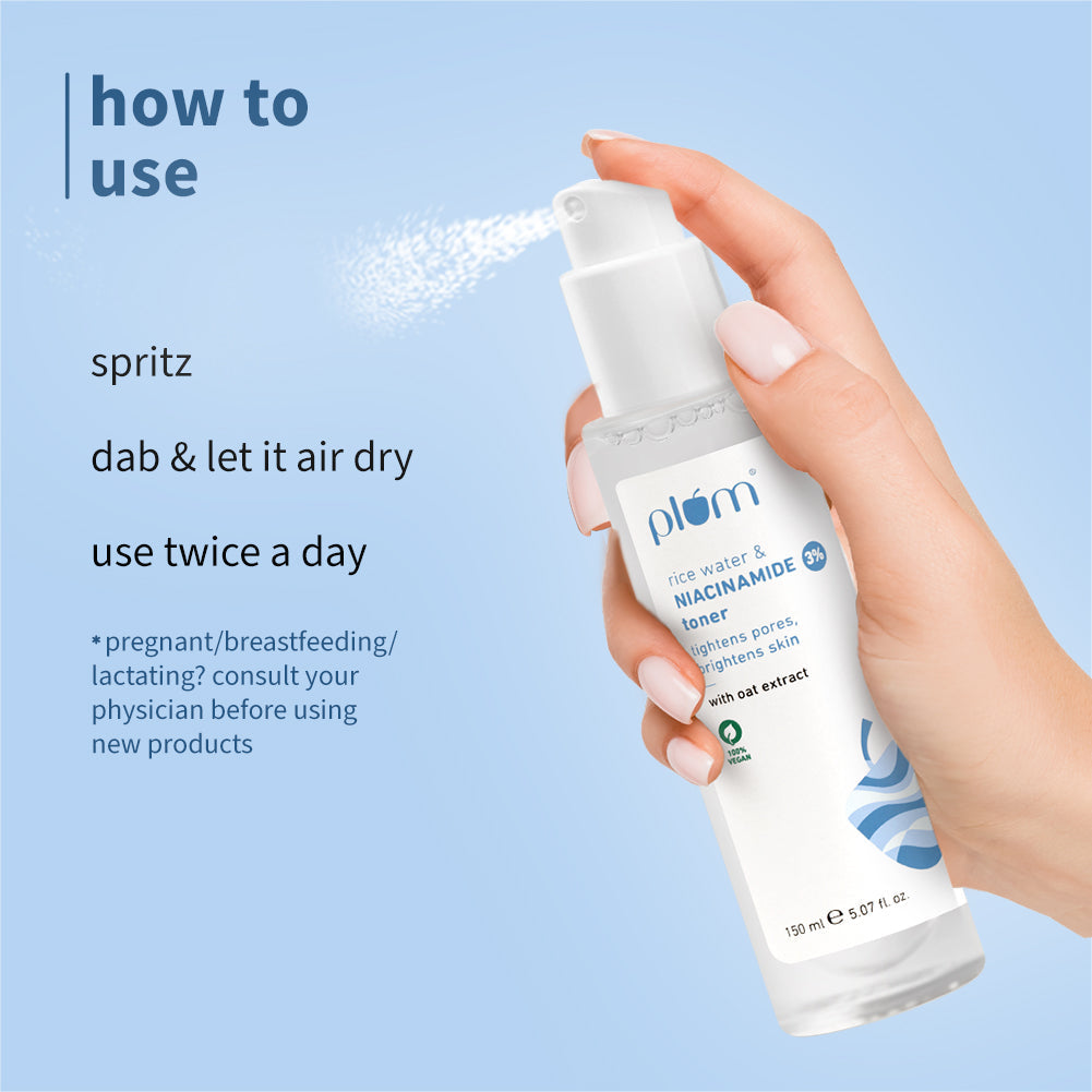 Plum 3% Niacinamide & Rice Water Toner for Bright Skin | Reduces Pores In 3 Days | Alcohol-Free | Dermat-Tested, 150ml x 2