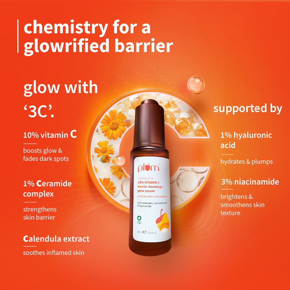 Plum 10% Vitamin C Barrier Boosting + Glow Serum with Calendula | Boosts Glow From 1st Use | Fades Dark Spots In 14 Days | Dermat-Tested, 30ml