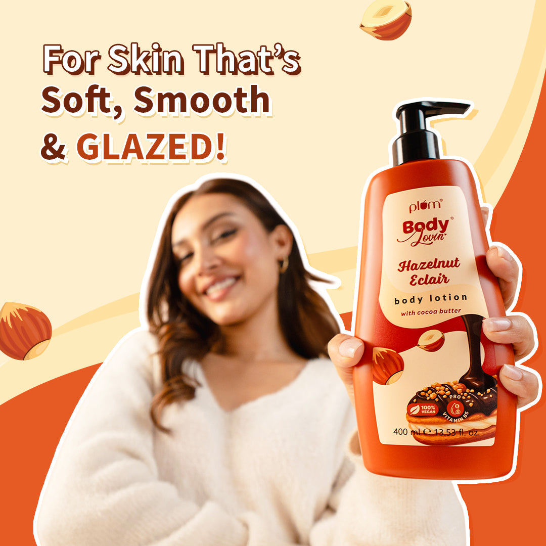 Plum Hazelnut Eclair Body Lotion by Plum BodyLovin' | Deep Moisturization | Cocoa Butter & Vitamin B5 | Decadent Hazelnut Chocolate Fragrance | Non-Greasy & Lightweight, 400ml
