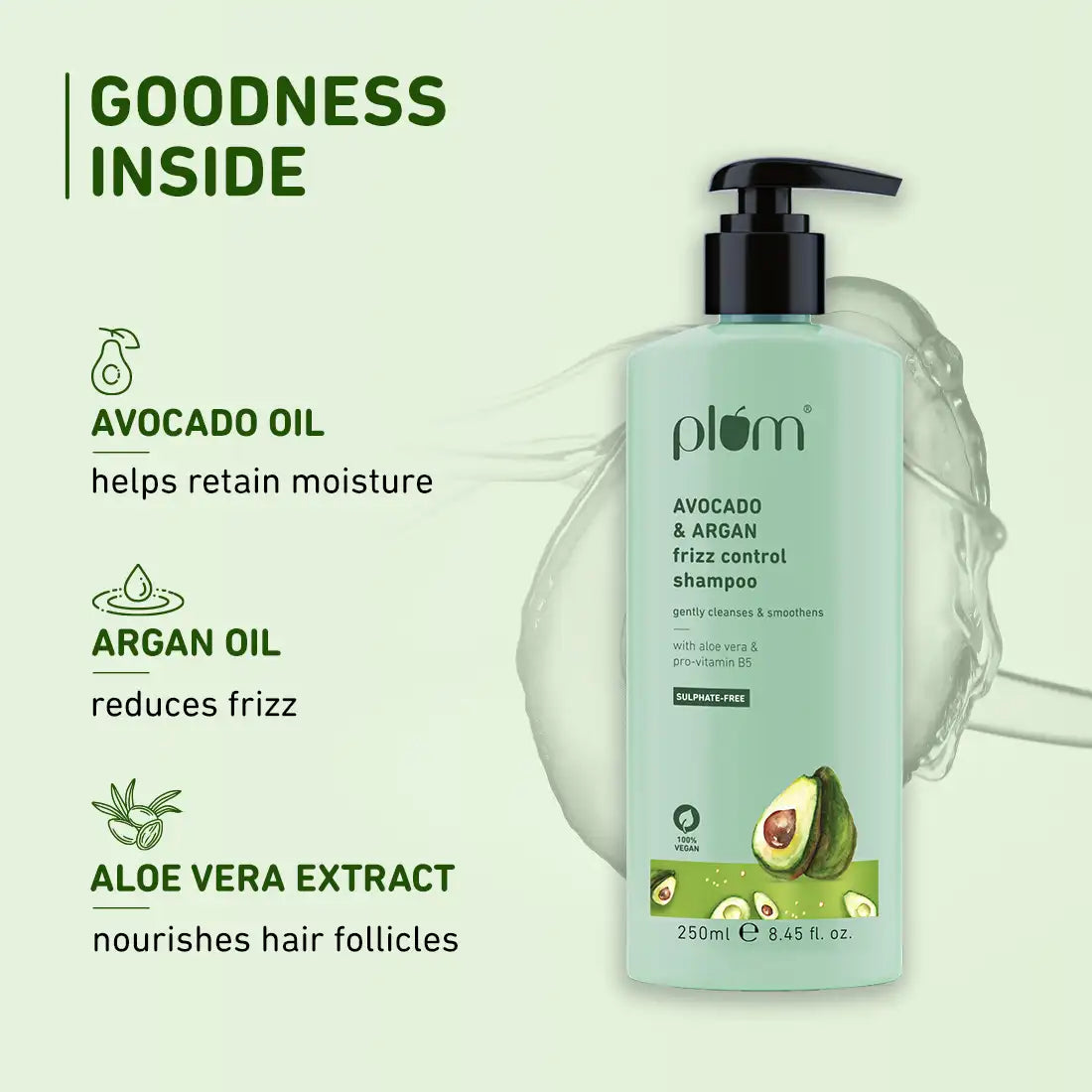 Plum Avocado & Argan Frizz Control Shampoo | Reduces Frizz | Conditions Strands, 250ml