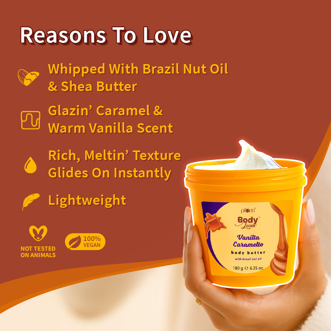 Plum Vanilla Caramello Body Butter by Plum BodyLovin' | Deep Moisturization | Shea Butter & Brazil Nut Oil | Vanilla & Salted Caramel | Non-Greasy & Lightweight, 180g Buy at Indicrest Image 5