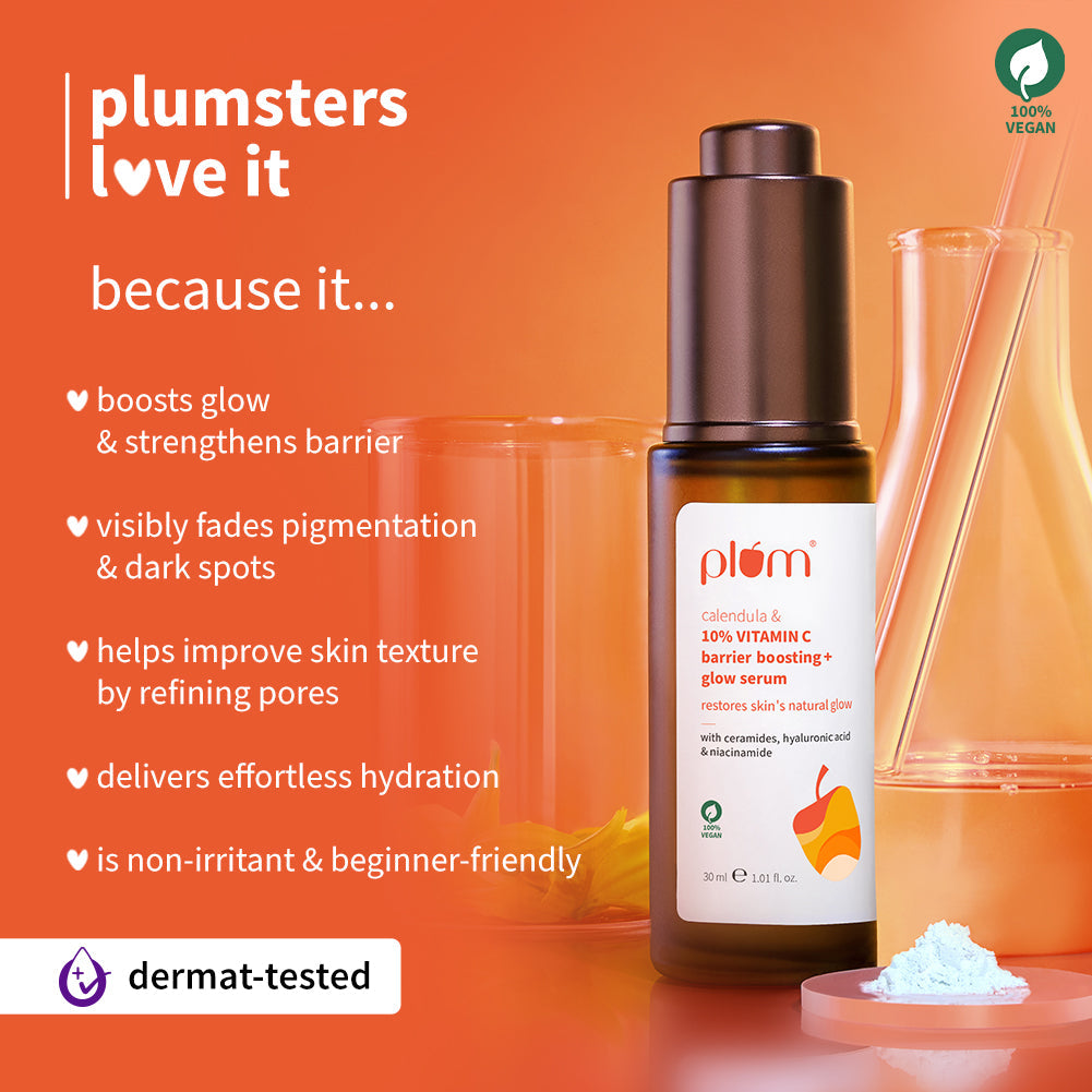Plum 10% Vitamin C Barrier Boosting + Glow Serum with Calendula | Boosts Glow From 1st Use | Fades Dark Spots In 14 Days | Dermat-Tested, 30ml