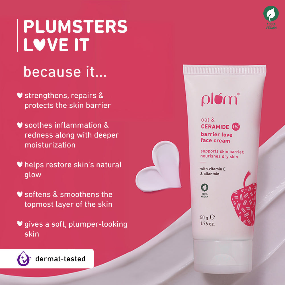 Plum Oat & 1% Ceramide Face Cream for Dry Skin | "3X Lasting Moisturization | Strengthens Skin Barrier | Dermat- Tested, 50g x 2