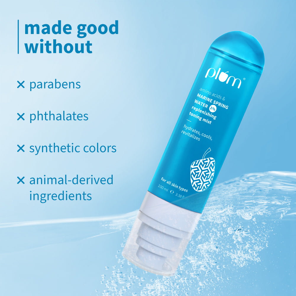 Plum 1% Marine Spring Water Replenishing Toning Mist Spray with Amino Acids | Hydrates, Cools & Revitalizes | With Active Minerals | On-The-Go Soothing Face Mist, 100ml