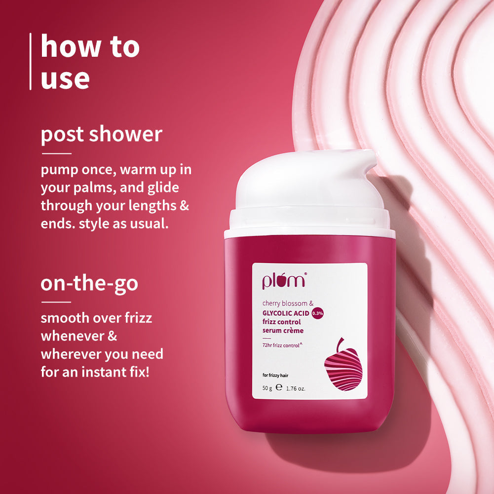 Plum 0.3% Glycolic Acid & Cherry Blossom Frizz Control Serum Creme | 72-Hr Humidity-Proof Frizz Control, 50g