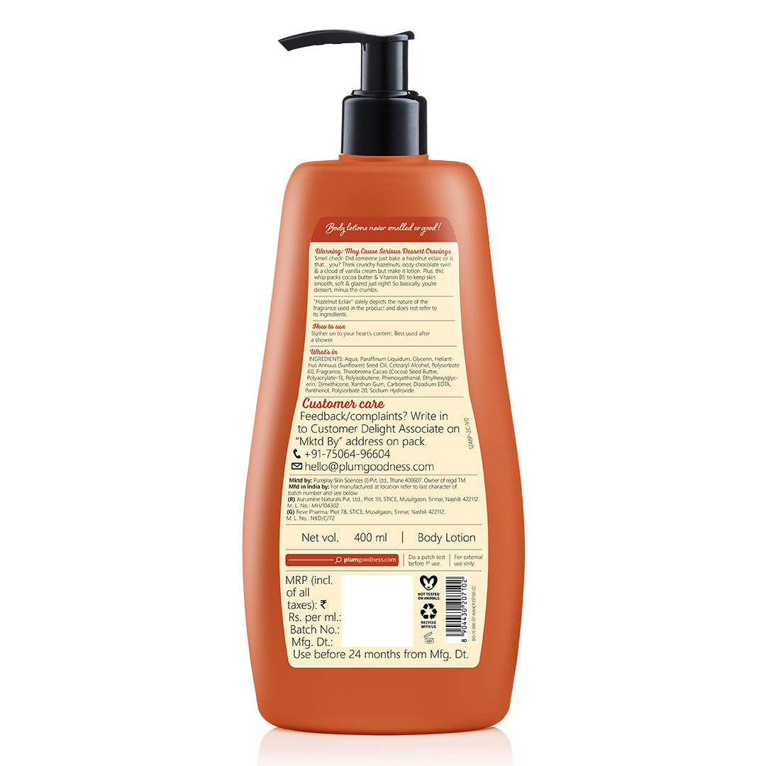 Plum Hazelnut Eclair Body Lotion by Plum BodyLovin' | Deep Moisturization | Cocoa Butter & Vitamin B5 | Decadent Hazelnut Chocolate Fragrance | Non-Greasy & Lightweight, 400ml