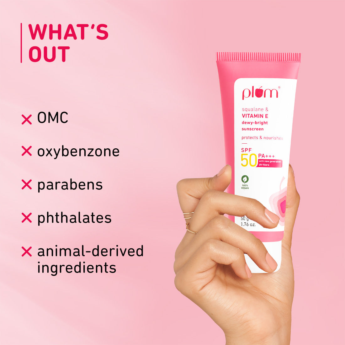 Plum Squalane & Vitamin E SPF 50 PA+++ Dewy-Bright Sunscreen | Safe, New Gen UV Filters | No White Cast, 50g x 2