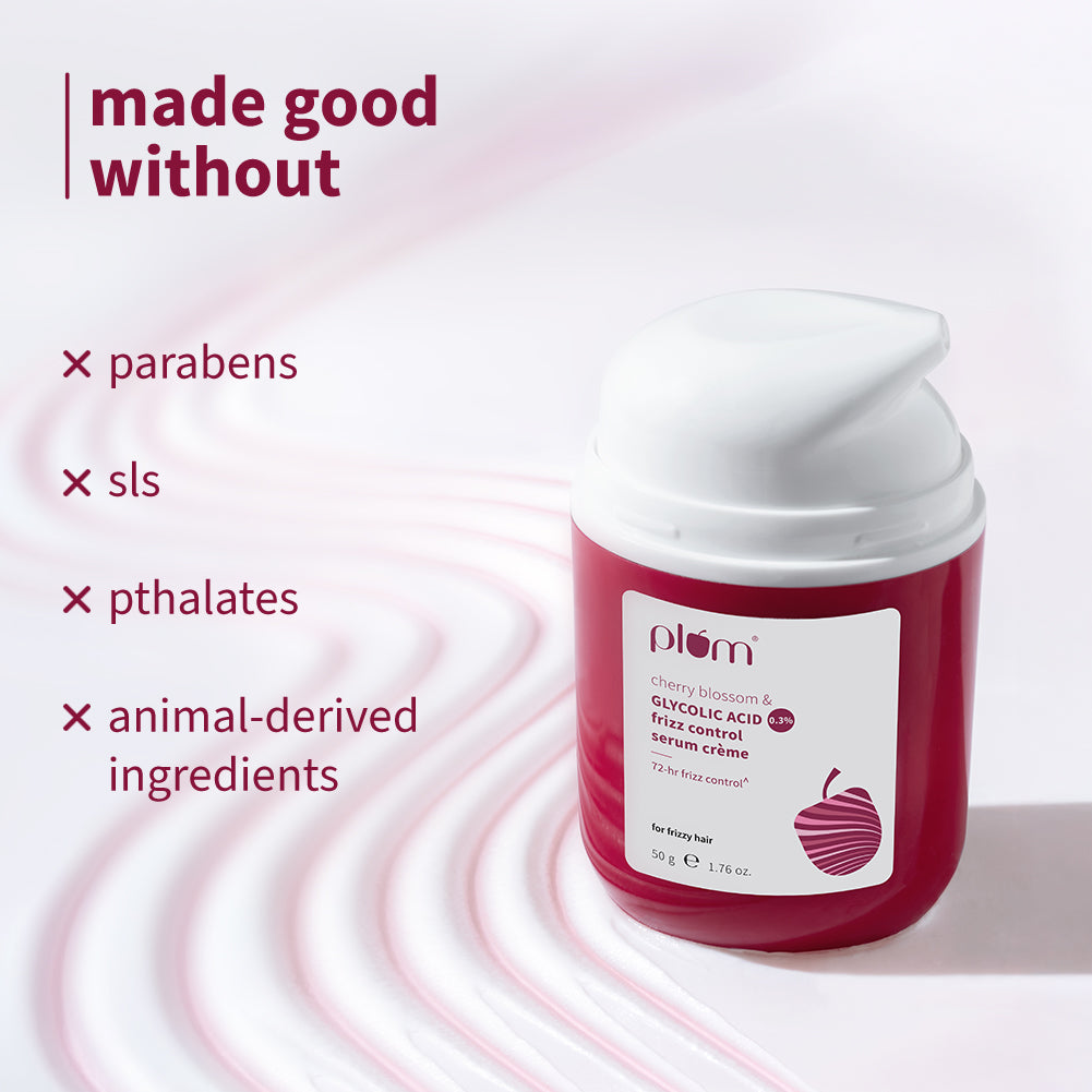 Plum 0.3% Glycolic Acid & Cherry Blossom Frizz Control Serum Creme | 72-Hr Humidity-Proof Frizz Control, 50g