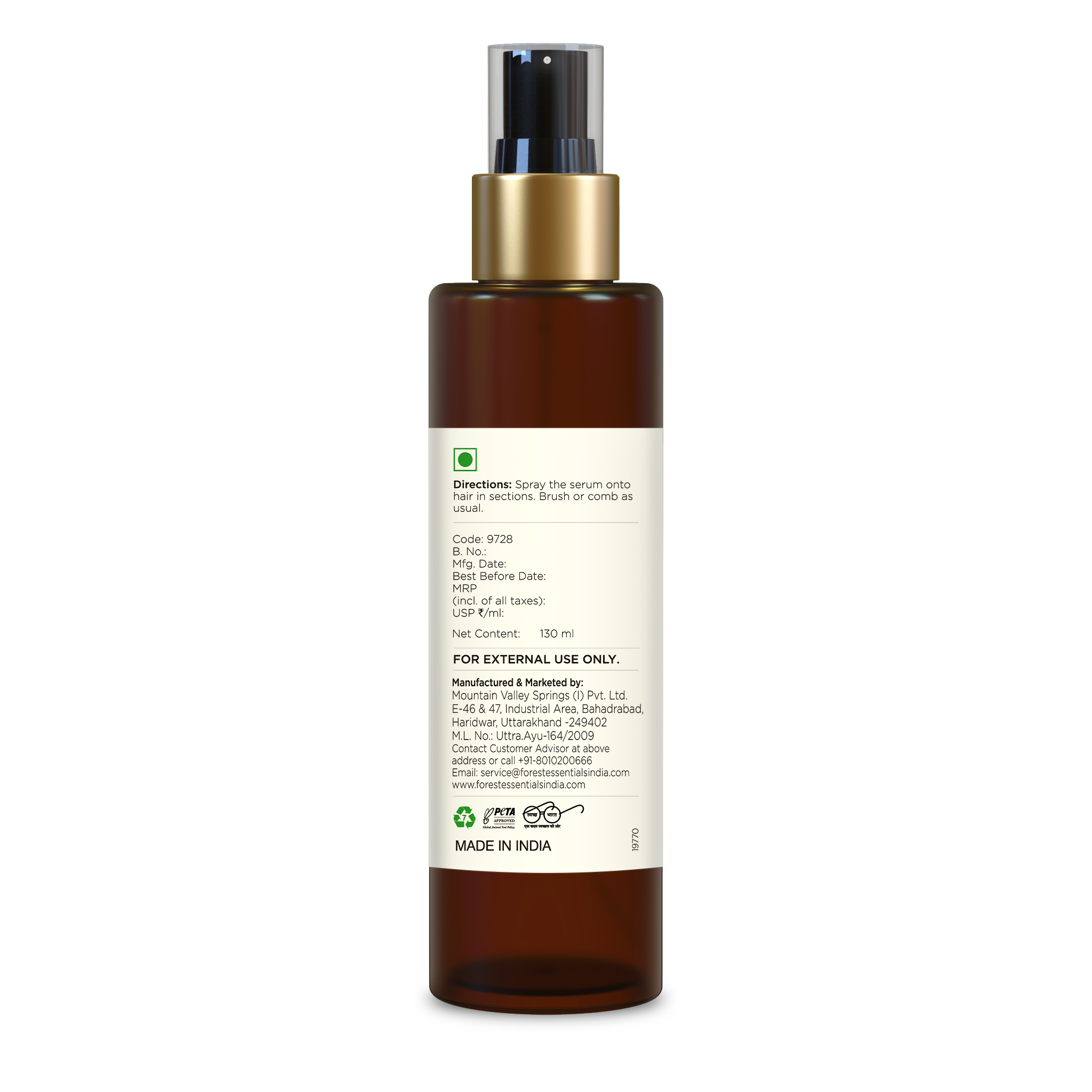Forest Essentials Hair Thickening Spray Bhringraj & Shikakai - Promotes Regrowth, Controls Hair Fall, 130ml