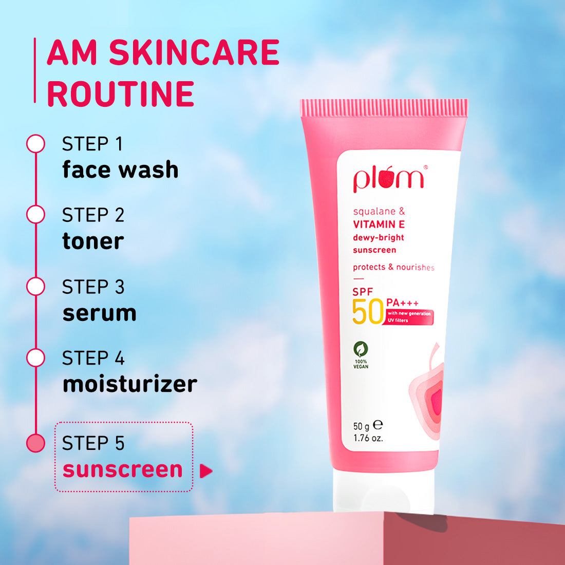 Plum Squalane & Vitamin E SPF 50 PA+++ Dewy-Bright Sunscreen | Safe, New Gen UV Filters | No White Cast, 50g