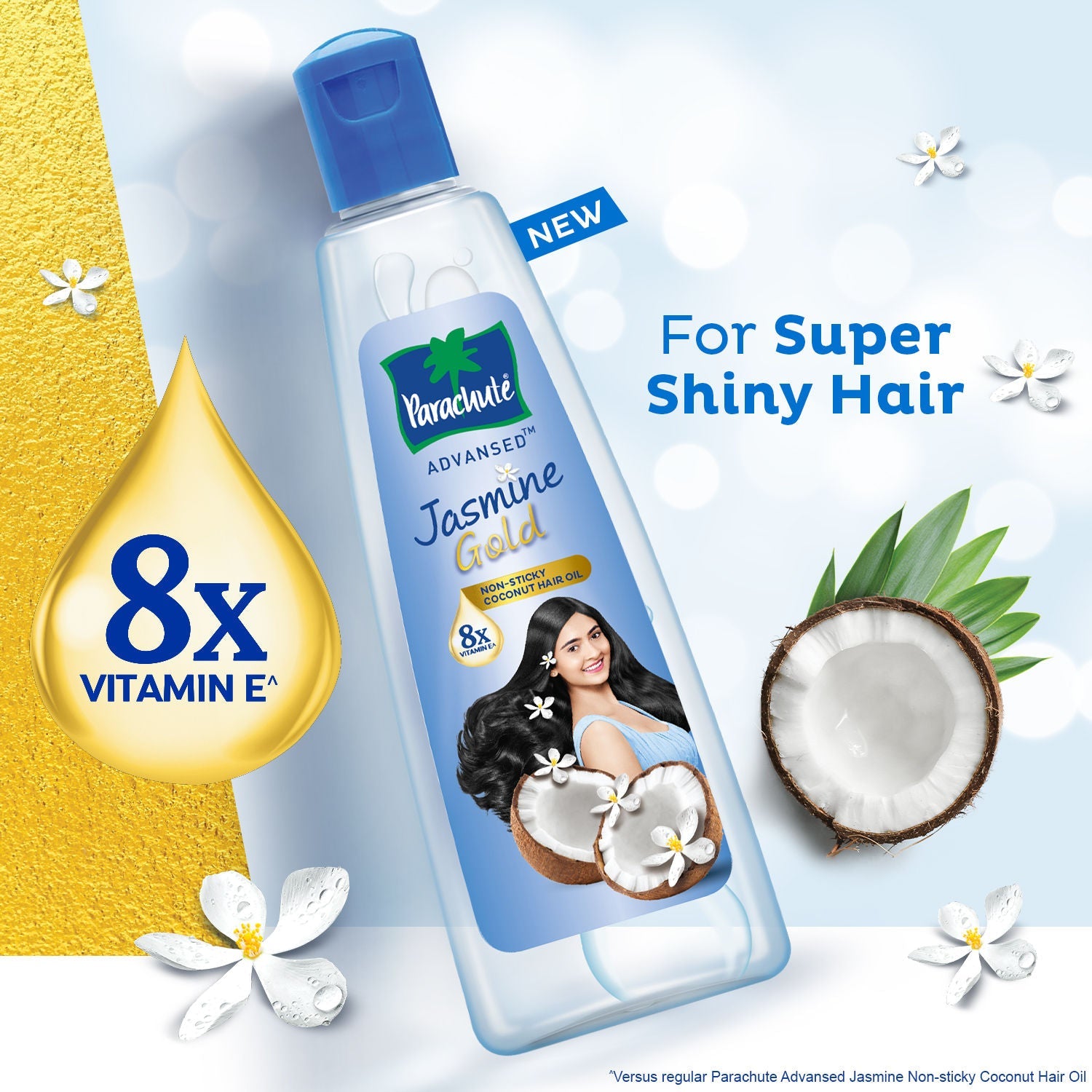 Parachute Advansed Jasmine Gold Coconut Hair Oil, Vitamin-E, Super Shiny Hair, Non-sticky, 500ml Buy at Indicrest Image 7