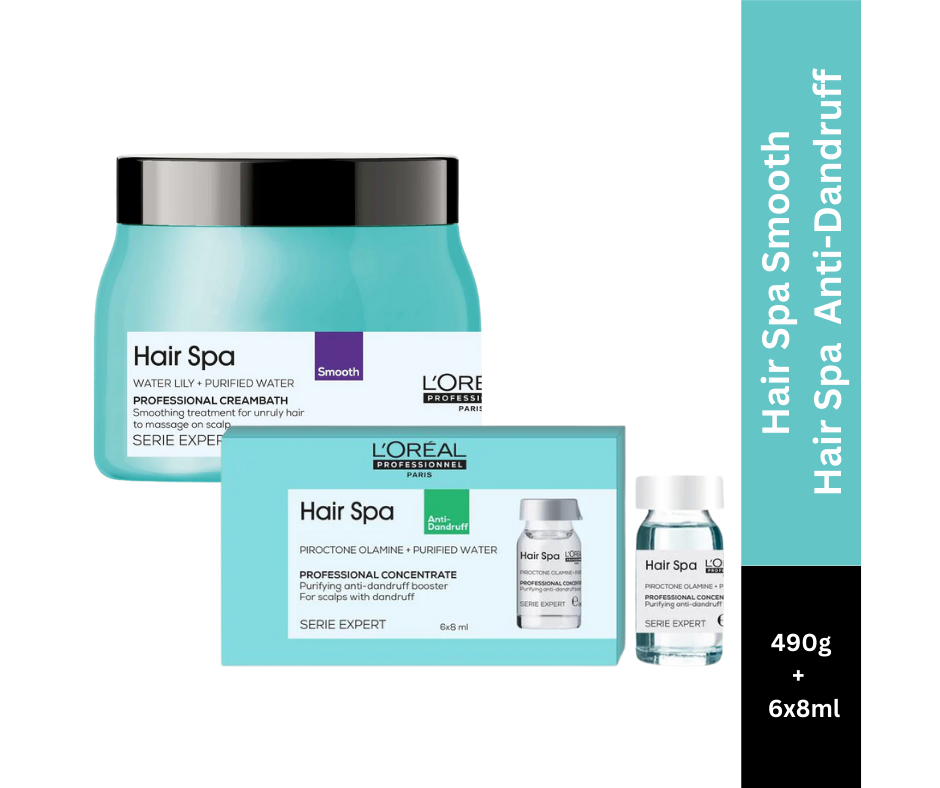 L’Oreal Professionnel Hair Spa Smoothing Creambath, 490g | Hair Spa Purifying Concentrate Anti-Dandruff 6×8ml Combo