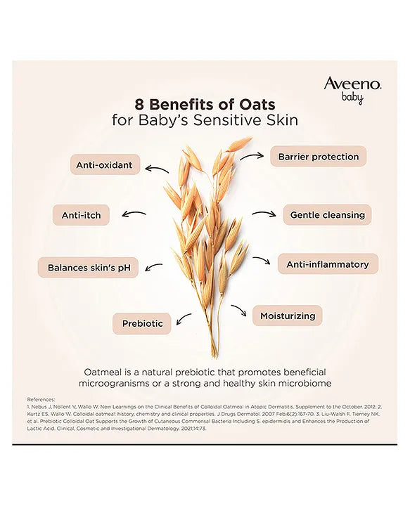 Aveeno Baby infographic on the benefits of oats for baby's sensitive skin.