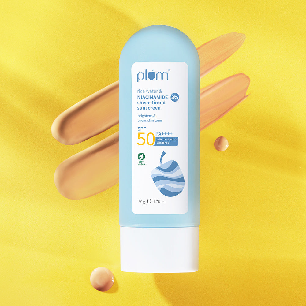 Plum 3% Niacinamide & Rice Water SPF 50 Sheer-Tinted Sunscreen | Universal Tint For Most Indian Skin Tones | Non-Greasy, 50g