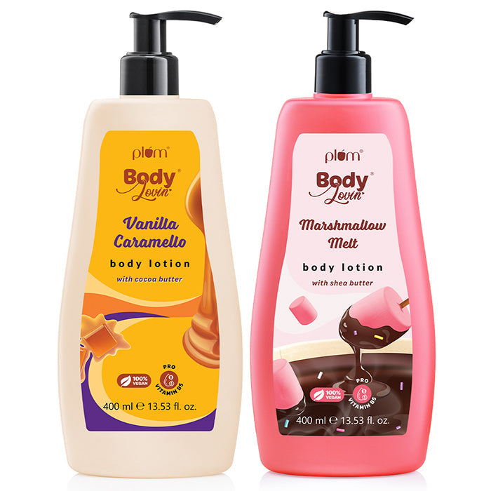 Plum Deliciously Moisturizing Body Lotion Duo by Plum BodyLovin' | Vanilla Caramello & Marshmallow Melt Body Lotion | Intensely Mositurizing | Delicious Fragrance | Vitamin B5 | Shea Butter | Cocoa Butter | Lightweight | Non-Greasy