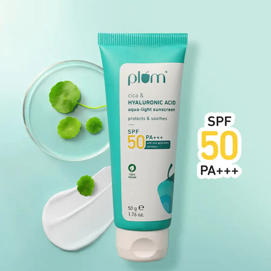 Plum Cica & Hyaluronic Acid SPF 50 Sunscreen | Safe, New Gen UV Filters | Non-Sticky| Non-Oily, 50g Buy at Indicrest