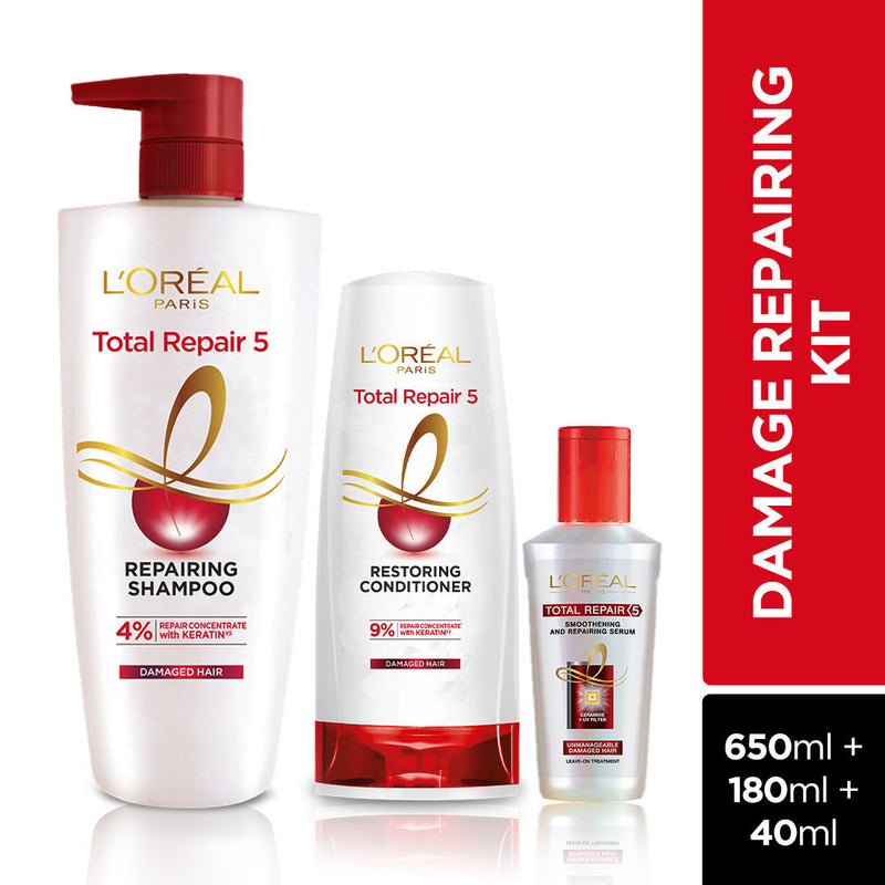 L'Oreal Paris Total Repair 5 Shampoo, Conditioner & Serum Combo- Restores Damaged Hair, 650ml+180ml+40ml Buy at Indicrest