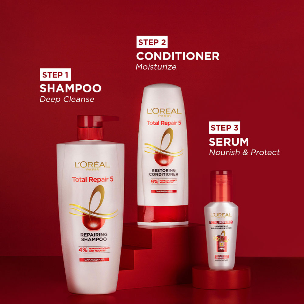 L'Oreal Paris Total Repair 5 Shampoo, Conditioner & Serum Combo- Restores Damaged Hair, 650ml+180ml+40ml Buy at Indicrest Image 7