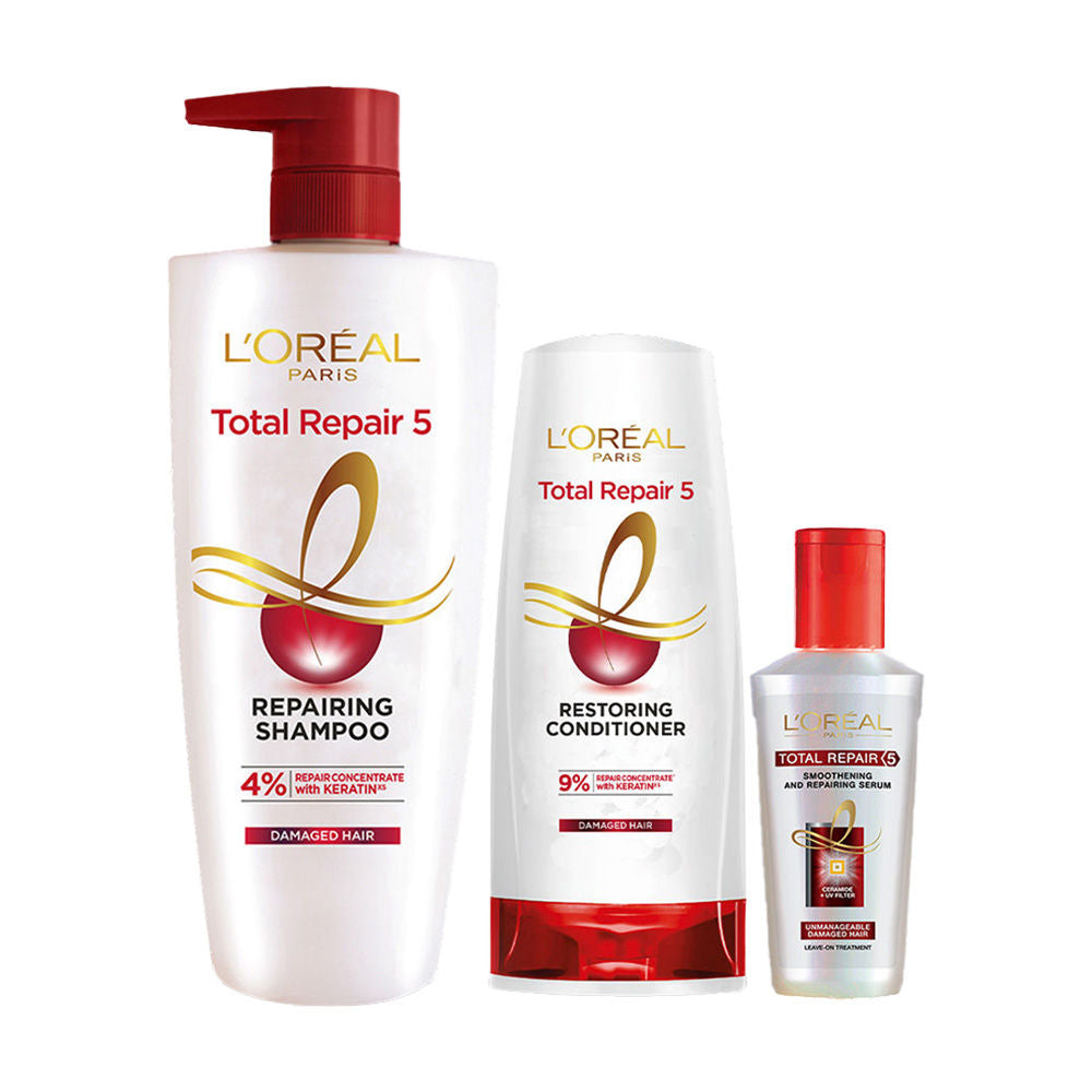 L'Oreal Paris Total Repair 5 Shampoo, Conditioner & Serum Combo- Restores Damaged Hair, 650ml+180ml+40ml Buy at Indicrest Image 9