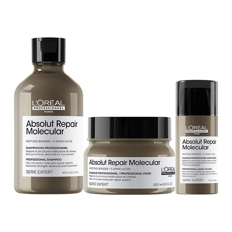 L'Oreal Professionnel Absolut Repair Molecular Sulfate-Free Shampoo 300ml, Mask 250ml & Leave-In Cream 100ml Combo(3 pcs)