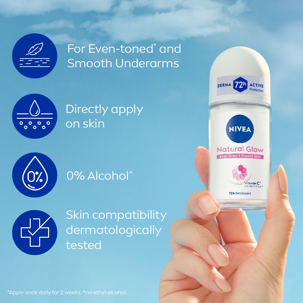 Nivea Natural Glow Even Toned Vit C & 0% Alcohol Deo Underarm Roll On 72Hr Active Protection, 25ml Buy at Indicrest Image 4