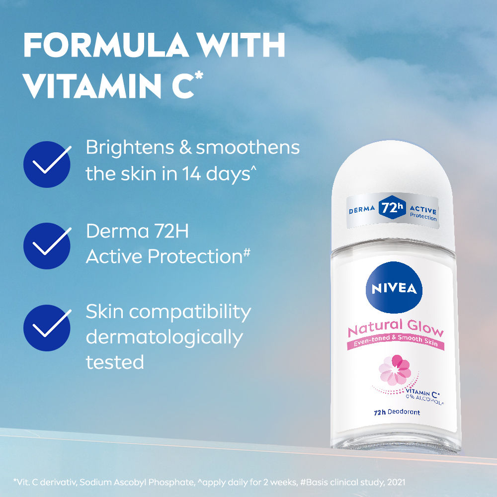 Nivea Natural Glow Even Toned Vit C & 0% Alcohol Deo Underarm Roll On 72Hr Active Protection, 25ml Buy at Indicrest Image 5