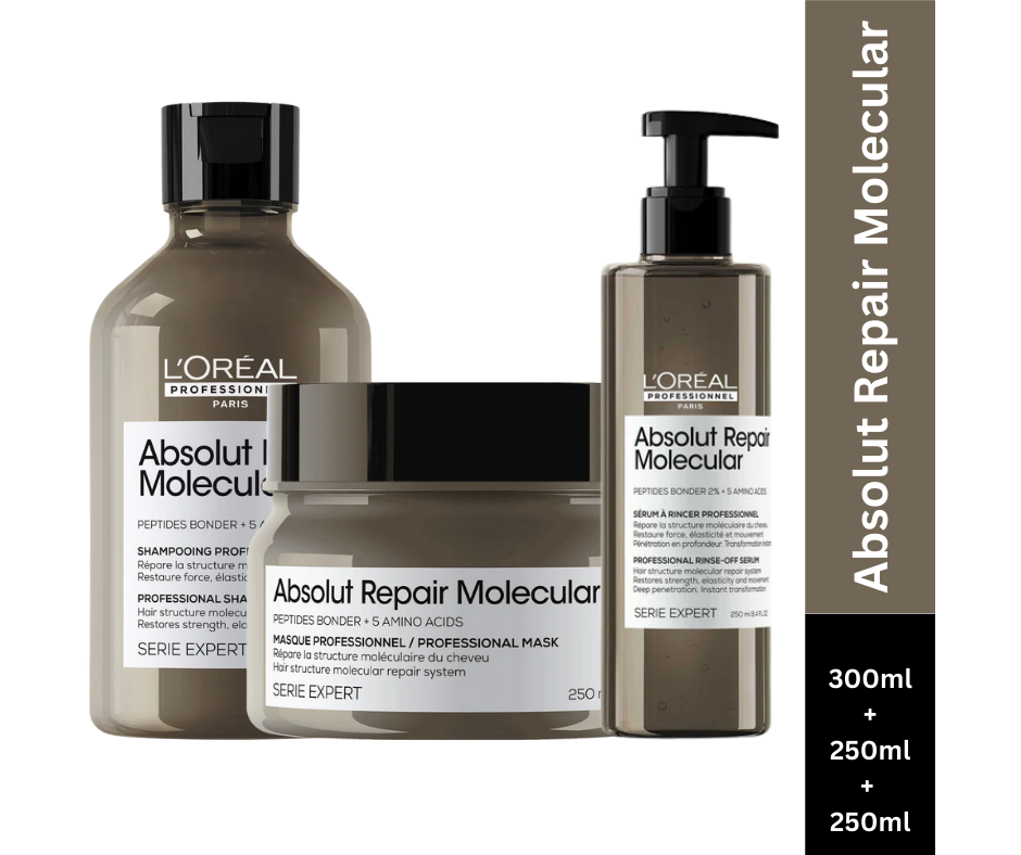L'Oreal Professionnel Absolut Repair Molecular Shampoo 300ml | Molecular Hair Mask 250ml | Molecular Rinse-Off Serum 250ml Combo