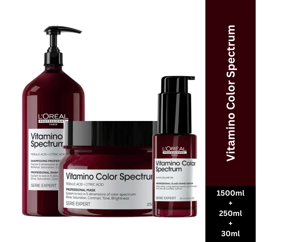 L'Oreal Professionnel Vitamino Color Spectrum Shampoo 1500ml | Hair Mask 250ml | Glass Shine Serum 30ml Combo