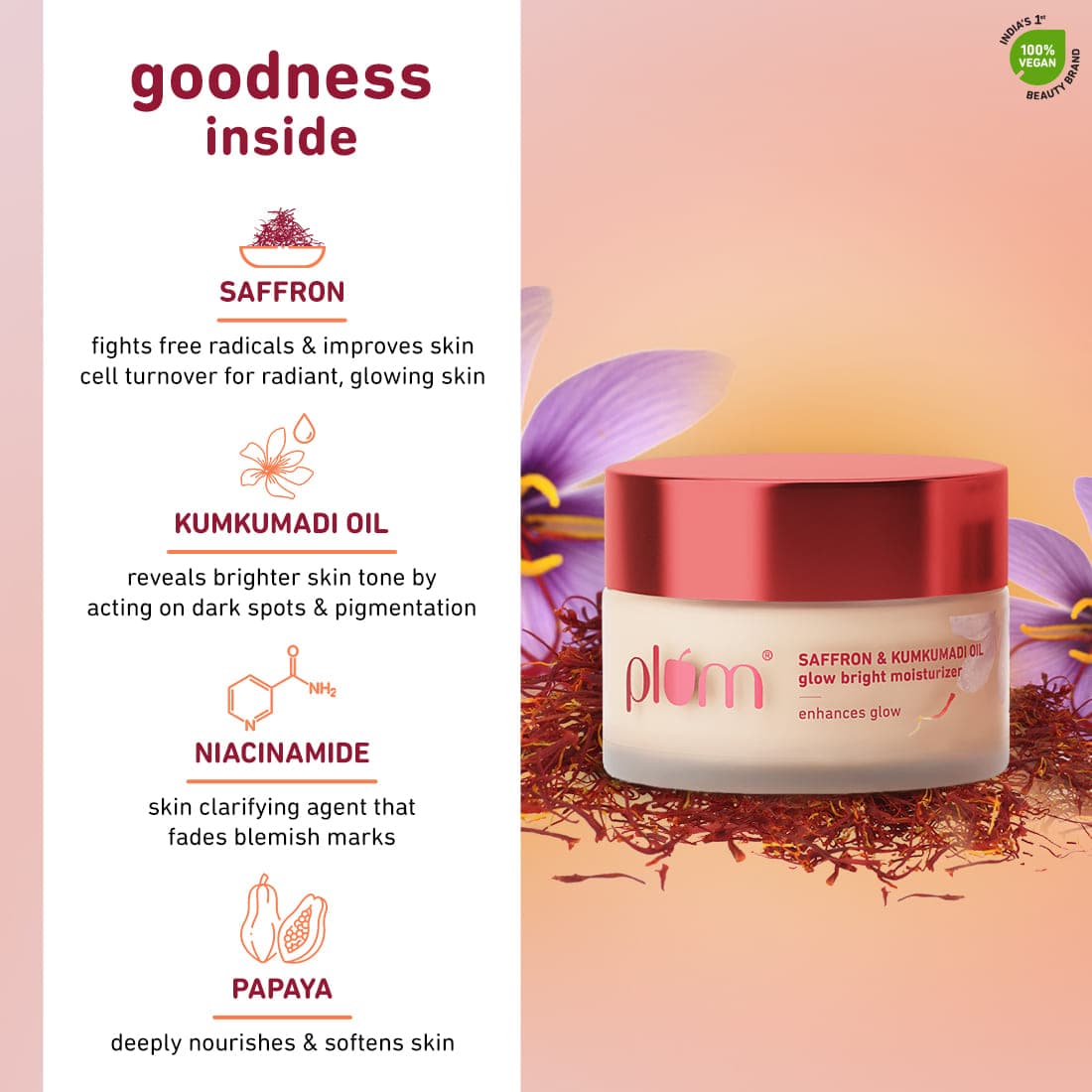 Plum Saffron & Kumkumadi Oil Glow Bright Moisturizer with SPF 35 | Enhances Glow | Brightens Skin, 50g x 2