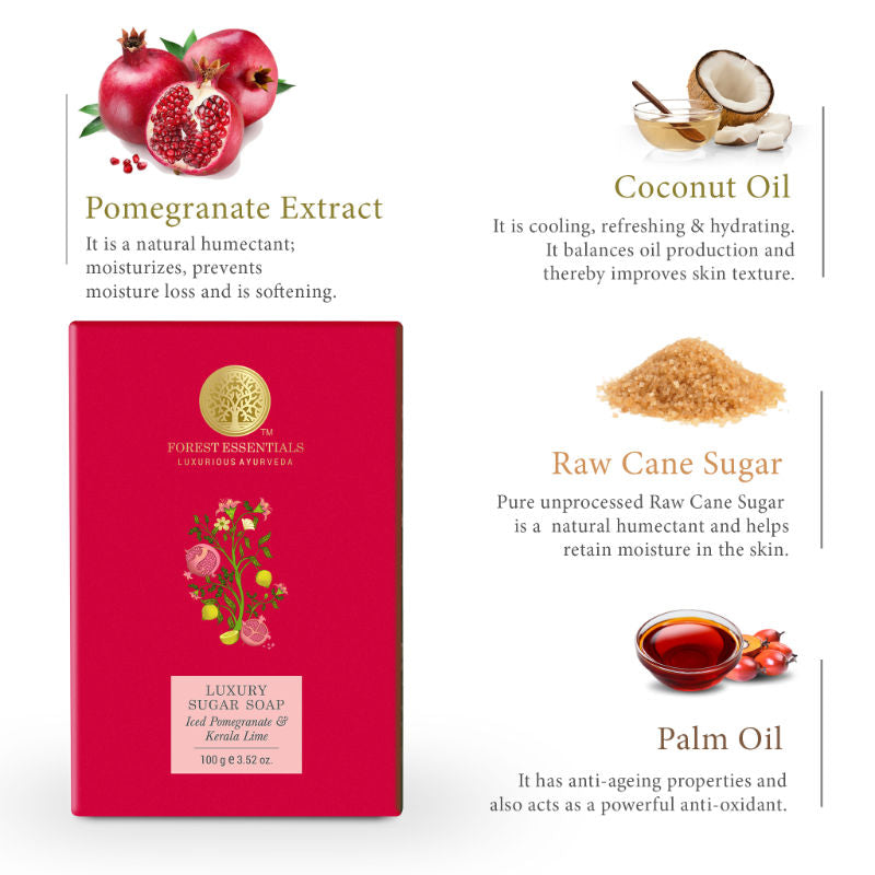Forest Essentials Luxury Sugar Soap Pomegranate & Kerala Lime - Ayurvedic Handmade Bath Soap, 100g