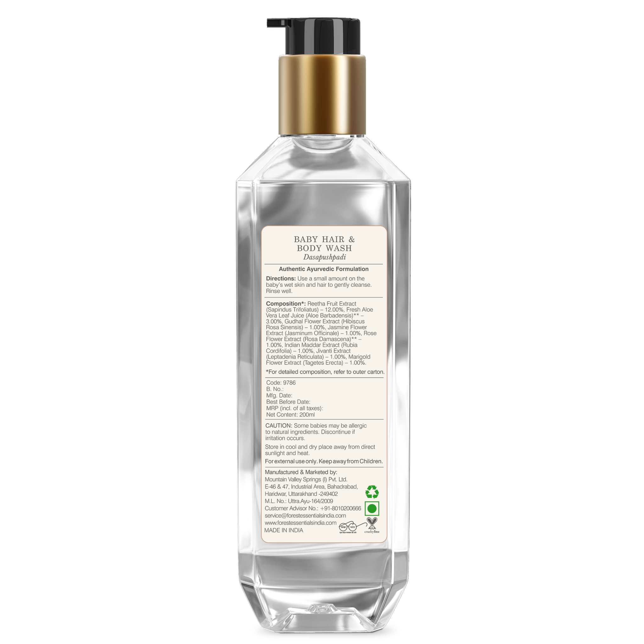 Forest Essentials Baby Hair, Body Wash Dasapushpadi - Natural, Ayurvedic, No Tears Formula, SLS Free, 200ml