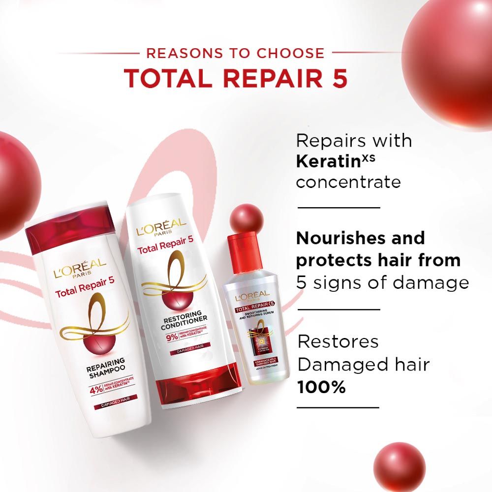 L'Oreal Paris Total Repair 5 Shampoo, Conditioner & Serum Combo- Restores Damaged Hair, 650ml+180ml+40ml Buy at Indicrest Image 4