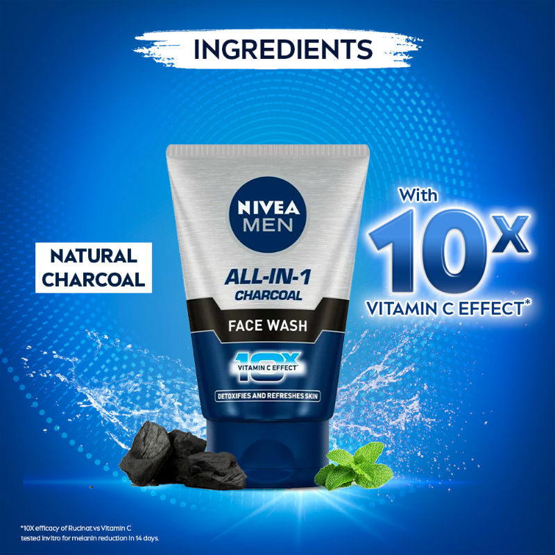 Nivea MEN Face Wash, All in 1 Charcoal, to Detoxify & Refresh Skin with 10x Vitamin C Effect, 100g Buy at Indicrest Image 5