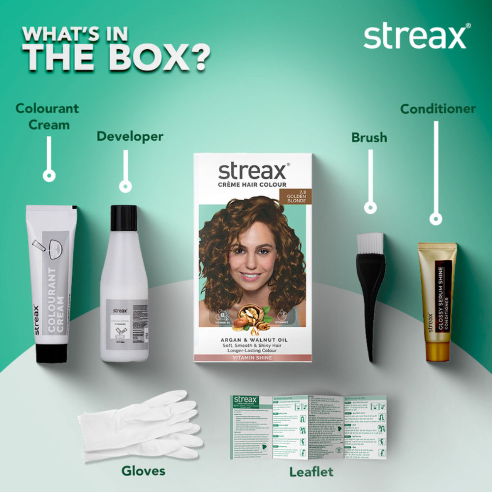 Streax Cream Hair Colour With 100% Grey Coverage & No Ammonia (Pack of 5) - 7.3 Golden Blonde, 225ml Buy at Indicrest Image 5