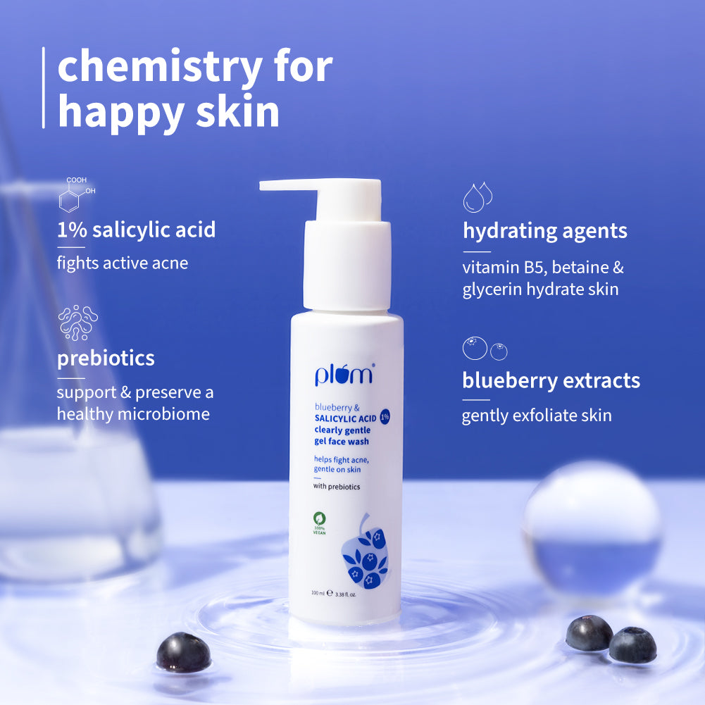 Plum Plum 1% Salicylic Acid Clearly Gentle Gel Face Wash with Blueberry | Helps Fight Active Acne | Gentle & Non-Drying | For Oily, Acne-Prone Skin | Beginner-Friendly | All Genders | 100% Vegan | 100 Ml, 100ml Buy at Indicrest Image 4
