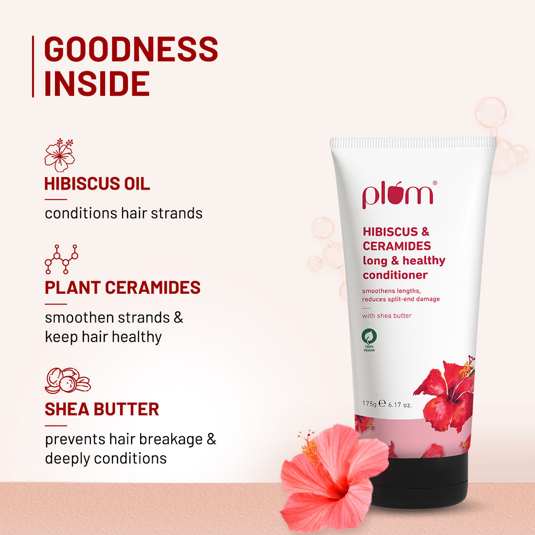 Plum Hibiscus & Ceramides Long & Healthy Conditioner | Smoothens Hair | Helps Prevent Split Ends, 175g