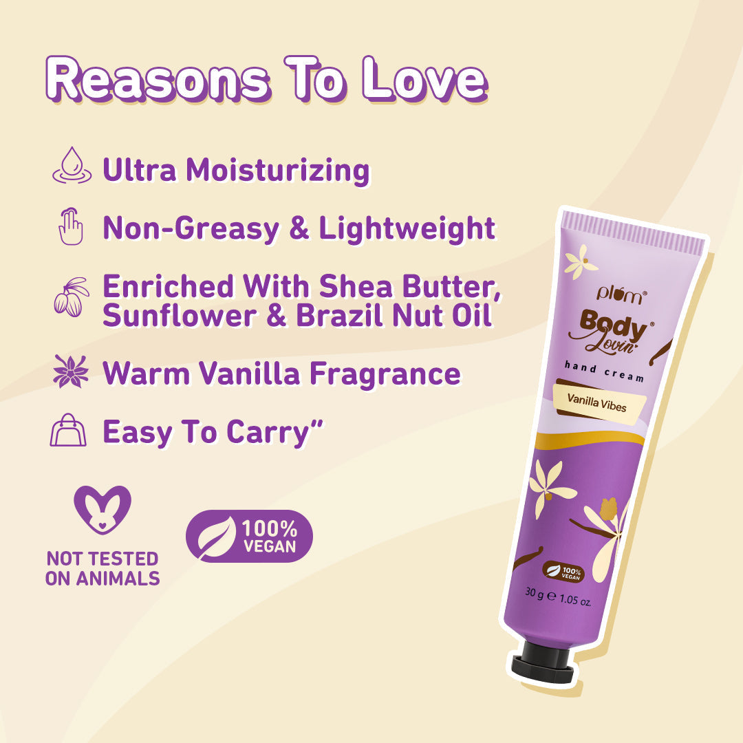 Plum Vanilla Vibes Hand Cream by Plum Body Lovin' | Ultra Moisturizing With Shea Butter | Irresistible, Warm Vanilla Fragrance | Non-Greasy & Lightweight, 30g Buy at Indicrest Image 4